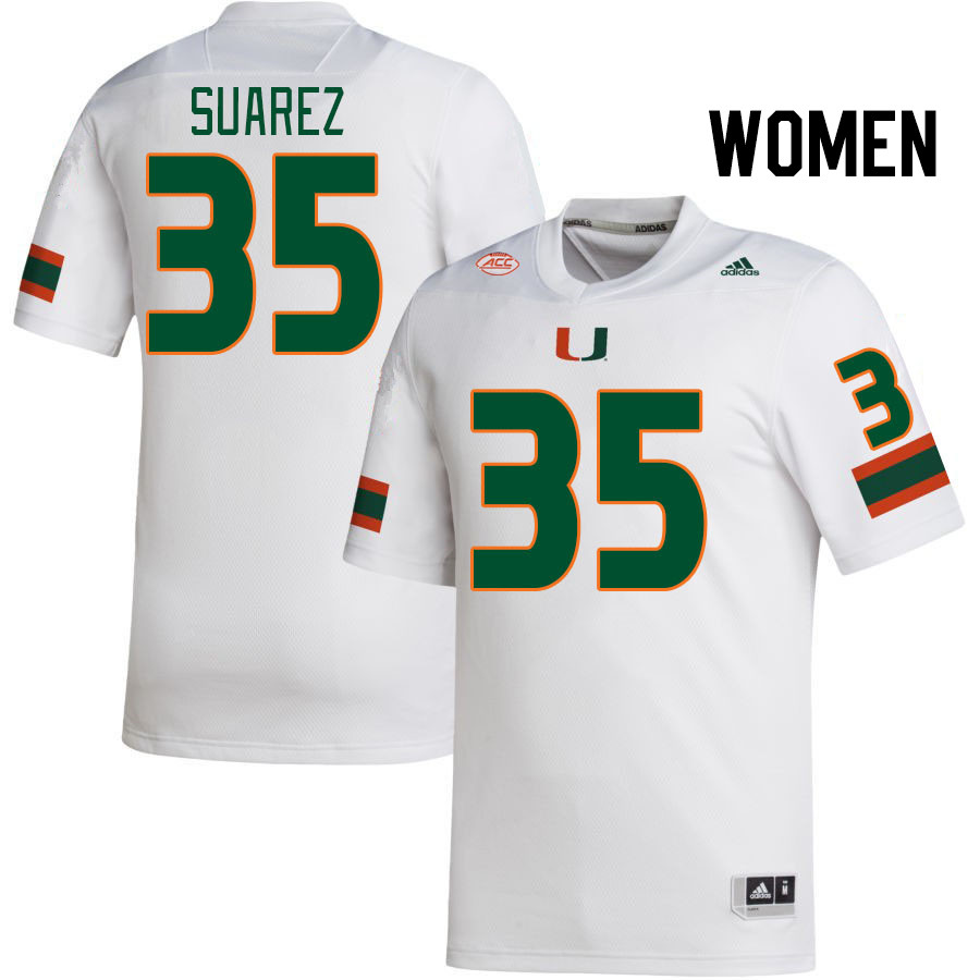 Women #35 Michael Suarez Miami Hurricanes College Football Jerseys Stitched-White - Click Image to Close